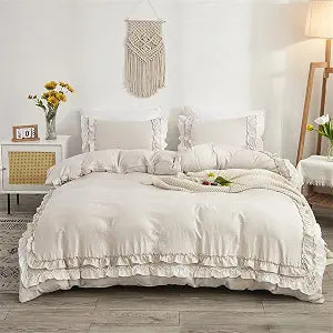 ABREEZE Duvet Cover Full Washed Microfiber Soft Duvet Cover Set 3 Pieces Ruffled Bedding Vintage Ruffled Farmhouse Bedding 1 Comforter Cover 2 Pillowshams (No Comforter) Beige