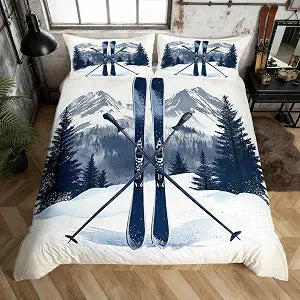 Skiing Duvet Cover Full Size,Winter Extreme Sports Navy Ski Pole Snowboard Bedding Set 3 Pcs for Kids Teens,Natural Ski Slope Mount Pine Trees Comforter Cover(No Filler)