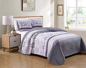 Kids Zone Home Linen Bedspread Set Damask Printed Pattern Lavender Purple White Grey New (Full/Queen)
