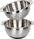 304 Stainless Steel Colander, 2.5 QT Capacity and 2.5 QT Mixing Bowl, Micropore Strainer for Washing Rice, Fruit, and Veggies, Perfect Draining for Cooked Pasta