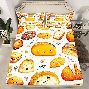 Cute Bread Fitted Sheet Twin Size,Delicious Food Bedding Set 2Pcs,Baking and Cooking Theme Deep Pocket Sheet for Kids Teens Girls Woman Room Decor,Cartoon Bread Lover Bed Sheets,1 Pillowcase