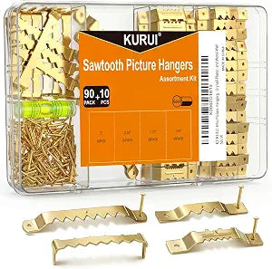 KURUI 100 Pack Sawtooth Picture Hangers, Heavy Duty Picture Hanging Kit with Hardware Nails, 4 Sizes with a Mini Level, Saw Tooth Hangers for Hanging Picture Frames,Artwork,Paintings, Gold