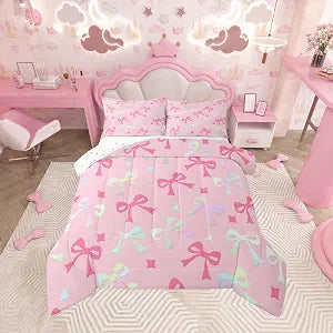 jejeloiu Bowknot Comforter Set Twin Size Bedding Set for Kids Boys Girls