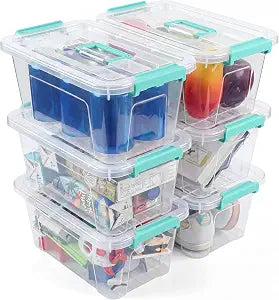 AREYZIN 7Qt Storage Bins with Lids,6-Pack Clear Stackable storage containers with lids Buckle Latches.Perfect for LEGO, Crafts, Office Supplies, and Dorm Room Organization,Clear Teal