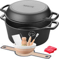 EDGING CASTING Pre-Seasoned Cast Iron Dutch Oven Pot with Skillet Lid Cooking Pan, 2-in-1 Sourdough Bread Baking Pan with Proofing Basket and Baking Supplies, 5QT