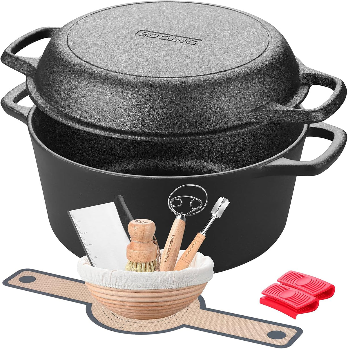 EDGING CASTING Pre-Seasoned Cast Iron Dutch Oven Pot with Skillet Lid Cooking Pan, 2-in-1 Sourdough Bread Baking Pan with Proofing Basket and Baking Supplies, 5QT