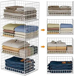 Yociyoga 4-Tier Stackable Closet Organizers and Storage Basket, Foldable Closet Shelf Organizer System, Space-Saving Clothes Storage Drawer Organizer for Wardrobe, White (Patent 30022416)