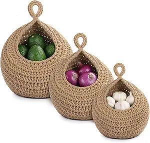 Hanging Storage Baskets Boho Decor Set of 3, Handmade Cotton Rope Wall-Mounted Fruit & Vegetable Baskets, Decorative Hanging Organizers for Kitchen, Entryway, Bathroom & Bedroom