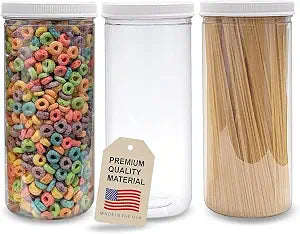 ljdeals 80 oz Tall Clear Plastic Jars with Lids, 2.5 Quart 10 Cup Cylinder Storage Containers, Wide Mouth PET Canisters, Pack of 3, BPA Free, Food Safe, Made in USA