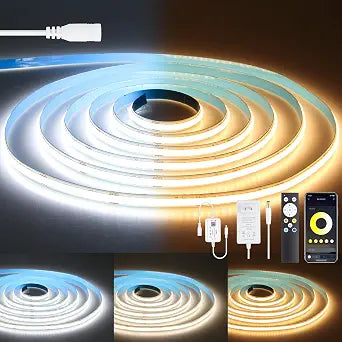 CCT COB Led Strip Light with Remote 3000-6500K Tunable White 16.4ft/5M 24V