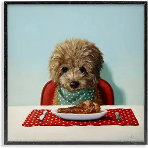 Fluffy Pet Dog Dinner Table Turkey Leg, 17 x 17 Inch Framed Gicle Print