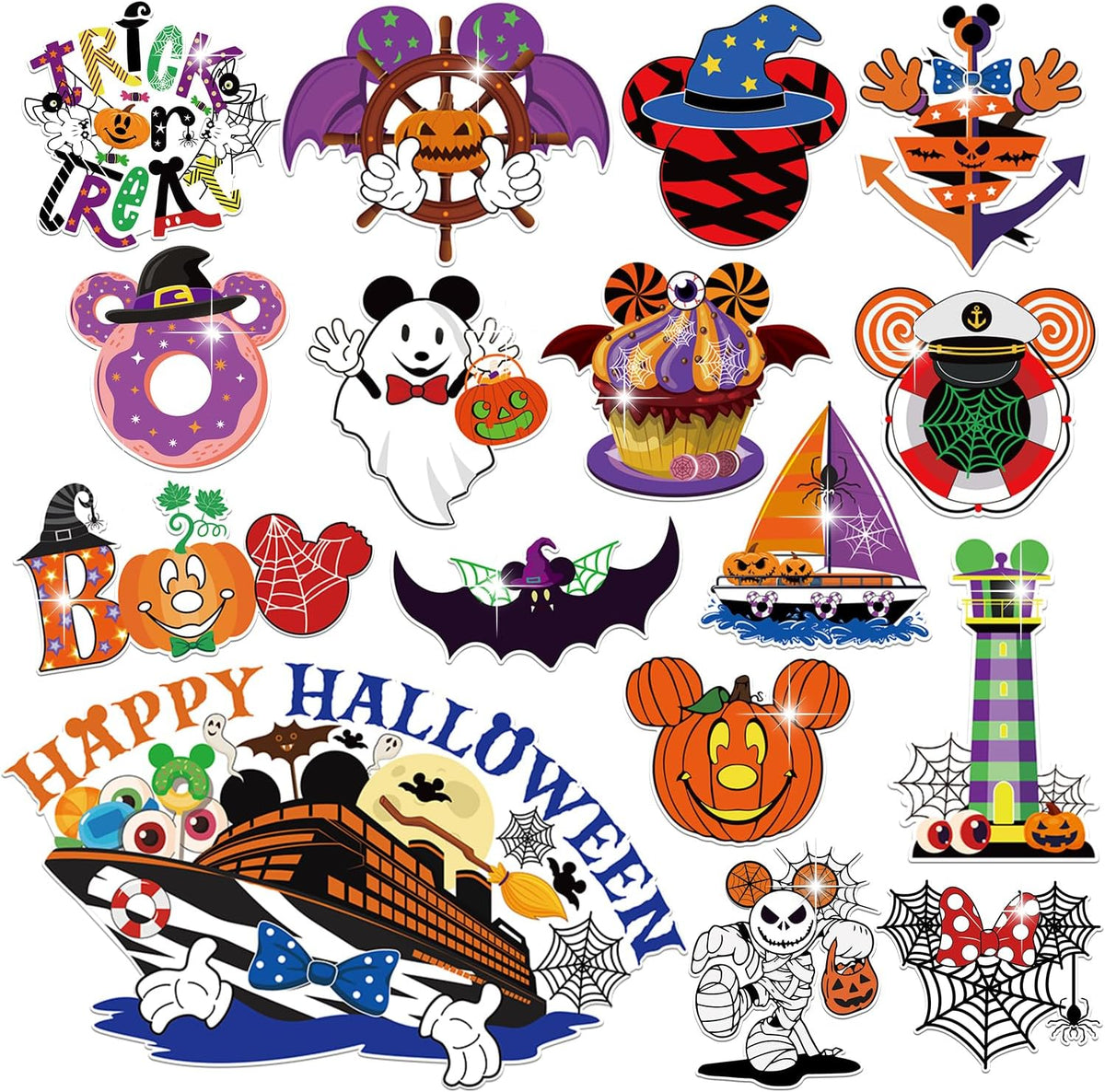 16Pcs Halloween Cruise Door Magnets Decorations, Mouse Halloween Cruise Ship Door Decor, Pumpkins Bats Spider Magnetic Stickers for Carnival Cruise Refrigerator Cars Fridge Holiday Party