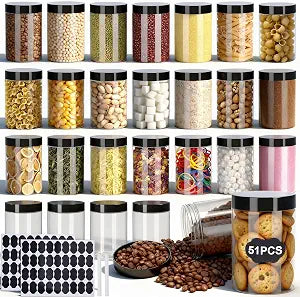 Plastic Jars with Lids,OBKJJ 51 PCS 10 OZ Large Capacity Clear Storage Containers with Leakproof Lids Reusable Empty Storage Container for Dry Food Spice Candy Cookie Household and Kitchen Organizing