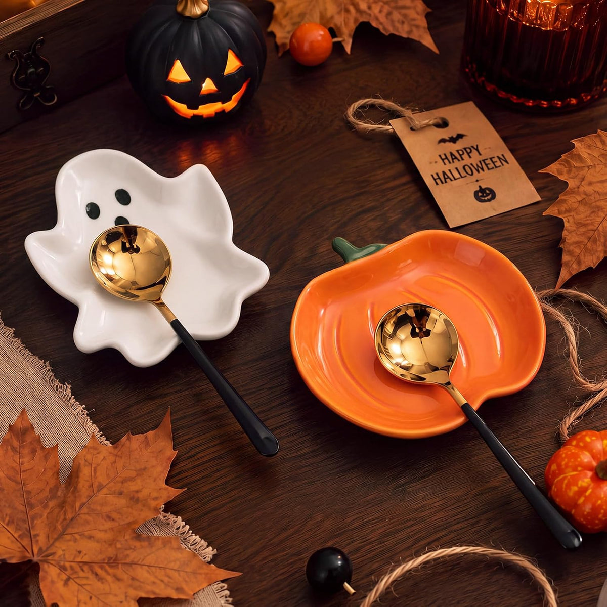 Rtteri Halloween Ceramic Spoon Rest Set Mini Spoon Holder, Ghost and Pumkin