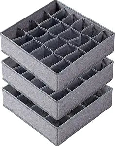 Criusia 3 Pack Sock Underwear Drawer Organizer Dividers, 64 Cell Fabric Foldable Dresser Organizer for Closet Organizers and Storage Boxes for Organizing Socks, Underwear, Ties (16+24+24 Cell, Gray)