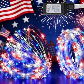 100 LED String Lights 33FT with Flexible Copper Wire, 8 Multi Lighting Modes in Red White Blue for National Day Patriotic Holiday Party Decor
