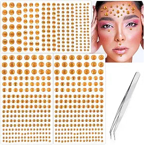 591pcs Face Gems Hair Gems Pearls, Self-Adhesive Face Jewels Eye Rhinestones 3/4/5/6/8 mm Face Gem Stick on, Halloween Makeup Gems Rave Accessories for Face Eyes Body Makeup (06.Orange)