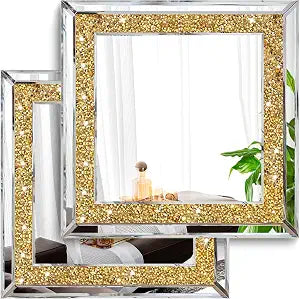 2 Piece Wall Mirrors, Crush Diamond Wall Decor, Gold Color Decorative Mirrors for Living Room, Bedroom, Bathroom. (12'x12')