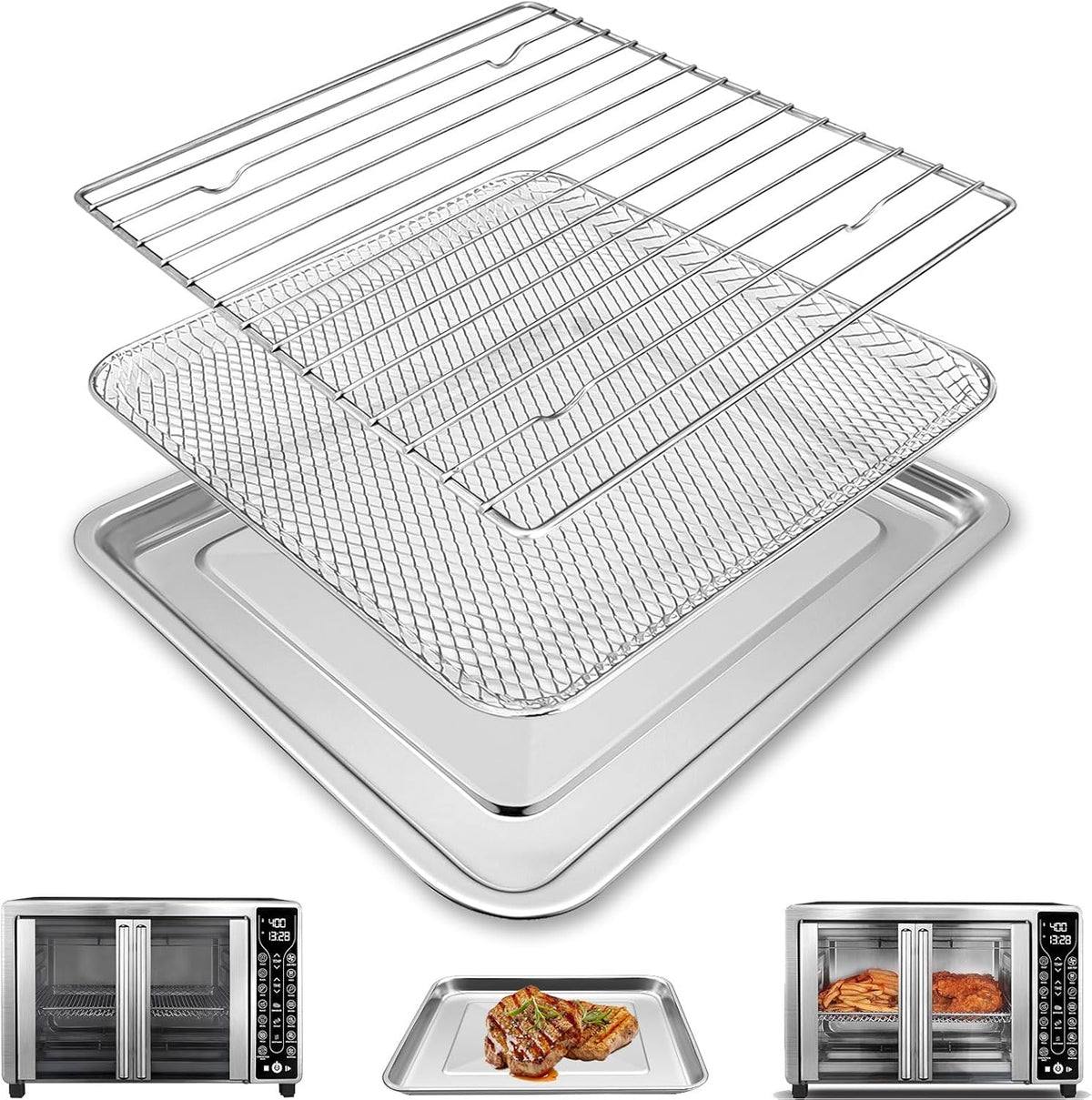 3 IN 1 Air Fryer Basket Tray Rack kit for Gourmia GTF7655 GTF7465 GTF7460 French Door Toaster Oven Air Fryer Combo 25 QT Capacity, Air Fryer Replacement Parts Accessories, Dishwasher Safe