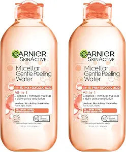 Garnier SkinActive Gentle Peeling Micellar Water with 1% PHA and Glycolic Acid, Face Exfoliant, Facial Cleanser and Makeup Remover, 2 Pack