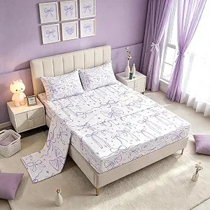 Purple Bowknots Bed Sheets Full Size,Cartoon Hand Drawn Stars Love Bow Bedding Set,Kawaii Princess Style Fitted Sheet for Kids Girls Women Teens Room Decor,Romantic Top Flat Sheet,2 Pillowcases