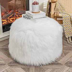 Unstuffed Faux Sheepskin Fur Pouf Ottoman White 20x20x12 Inches Round