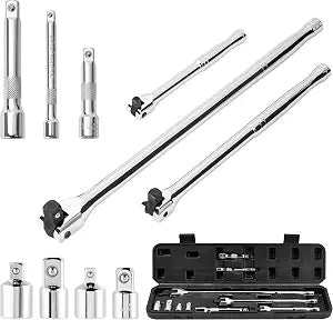 KOOPOOL 10 PC Breaker Bar Set, 3/8" 1/2" 1/4" Drive, 180 Rotatable Head
