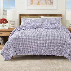 Great Bay Home Twin/Twin XL Quilt Set - 2-Piece Gingham Printed Rusched Bedding Set - Soft, Lightweight, All-Season Bedspread (Purple)