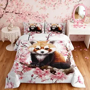 Manfei Red Panda Kawaii Comforter Set for Boys Girls,Pink Cherry Blossom Spring Blooming Floral All Season Cozy Bedding Set Full Size,Cute Wild Animal Nature Duvet Set Bedroom Decor