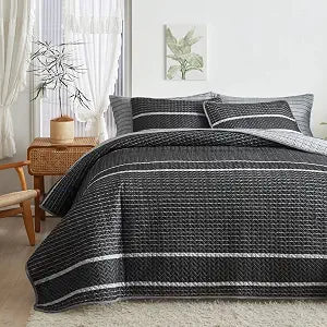 Flysheep Dark Grey Boho Quilt Set Full Queen Size, 3 Pcs White Striped on Gray Reversible Bedspread, Brushed Microfiber Coverlet for All Season, 1 Quilt + 2 Pillow Shams