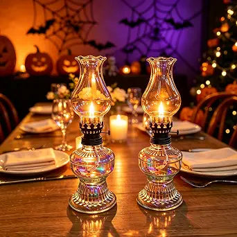 Two Adjustable Hurricane-Style Glass Oil Lamps with Black Regulators