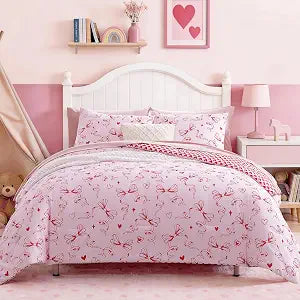 Full Size Comforter Set for Girls Red Bow Heart 7 Pieces Bed in a Bag
