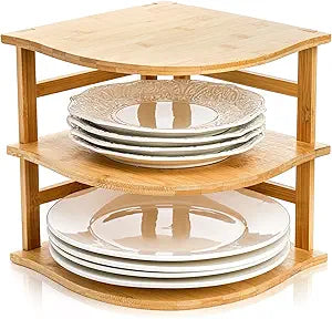Goaste 3-Tier Bamboo Corner Shelf, Kitchen Countertop Storage Organizer, Cabinet Plate Rack for Pantry Organization, Bathroom, Desktop, 9.5 x 9.5 x 9.5 Inch