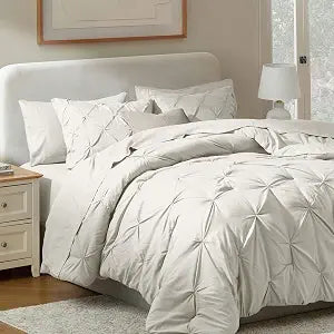 Nestl 9 Piece Full Comforter Set ��� Off White Pinch Pleated Bed in a Bag ��� Complete Full Size Bedding Set with Sheets, Set of 2 Down Alternative Pillows, Pillowcases and Shams