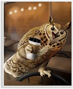 Owl with Coffee Cup Morning Brunch, 16 x 20 Inch Framed Gicle Print
