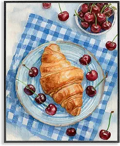 Cherries Croissant Breakfast Plaid, 16 x 20 Inch Framed Gicle Print