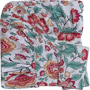 FEATHER & STITCH NEW YORK Twin Size 1 Fitted Sheet and 1 Pillowcase (Flat Sheet Not Included) 100% Cotton 300 Thread Count Percale Cooling, Breathable, 16" Deep Pocket - Vintage Garden