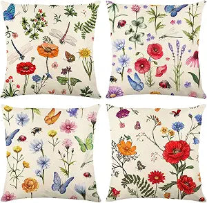 ONFAON Spring Pillow Covers 18x18,Spring Summer Garden Flowers Farmhouse Decor Outside Furniture Bench Chair Decorative Cushion Cases for Swing Deep Seat Bed Couch Sofa Set of 4