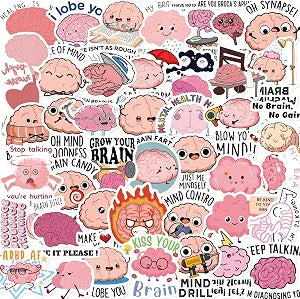 Funny Brain Stickers for Teens Adults 50PCS Cute Cartoon Pink Brain Sticker