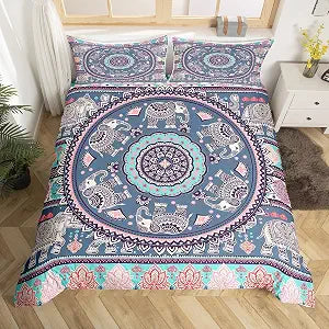 Kids Boho Elephant Duvet Cover Set Twin Size Bohemian Mandala Bedding Set 2pcs for Boys Girls Room Decor, Mandala Elephant Comforter Cover Indian Exotic Style Bedspread with 1 Pillowcase,No Comforter