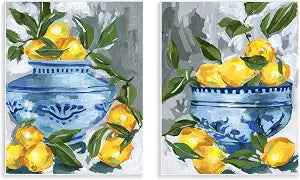 Indigo Lemon Still Life, 11 x 14 Inch Mounted Print on Wall Plaque Set