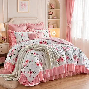 Flower Comforter Set Queen Size 90 * 90in - White Pink Floral with Green Leave Style -3 Pieces Shabby Chic Farmhouse Bedding with Ruffled Fringe Rustic Lightweight Fluffy Ruffle Comforter with Shams