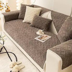 vctops Geometric Jacquard Plush Sofa Couch Covers Farmhouse Neutral Non Slip Sectional Couch Cover Soft Warm Sofa Slipcover for Dogs, Children, Pets Furniture Protector (Brown,28"x70")