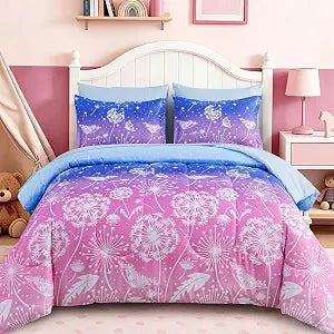 Dinjoy Girls Comforter Set 5 Pieces, Twin Size Colorful Ombre Rainbow Bedding Set, Bed in A Bag for Kid Teen Girls (1 Comforter, 1 Flat Sheet, 1 Fitted Sheet, 1 Pillow Shams, 1 Pillowcases)