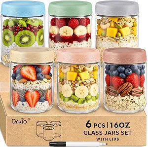 DRKIO 16 Oz Glass Overnight Oats Containers with Lids Chia Pudding Jars