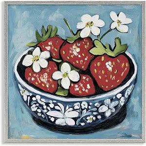 Strawberries in Blue Bowl Still Life, 17 x 17 Inch Framed Gicle Print