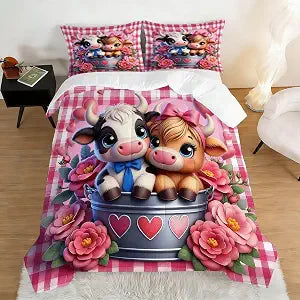 Highland Cow Comforter Set Twin Size Cute Cartoon Flower Animal Bedding Sets for Boys Girls Kids Teens Bedroom Farm Pink Plaid Quilt 1 Comforter 1 Pillowcase