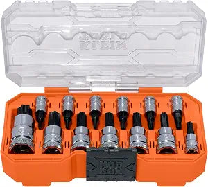 Klein Tools 65213TX Knurled TORX Bit Socket Set, T8 toT60, 1/4, 3/8 and 1/2-Inch Drives, Premium Cr-V Steel, MODBox Case, 13-Piece