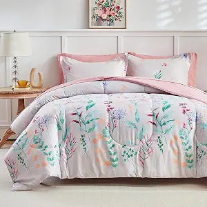 AIKASY 7-Piece Comforter Set Bed in a Bag, King Size, Floral Watercolor Pattern - Bedding Set with Comforter, Pillow Shams, Fitted Sheet, and Pillowcases - Soft and Cozy All-Season (Pink Floral)