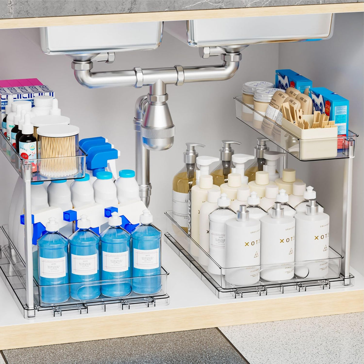 Yieach 2 Pack 14.6â€³ Deep Pull Out Under Sink Organizer,10.8â€³ High 2 Tier Slide Out Cabinet Organizer for Kitchen Cabinet,Undersink Organizers,Under Sink Shelves,Bathroom Organizers and Storage,Clear